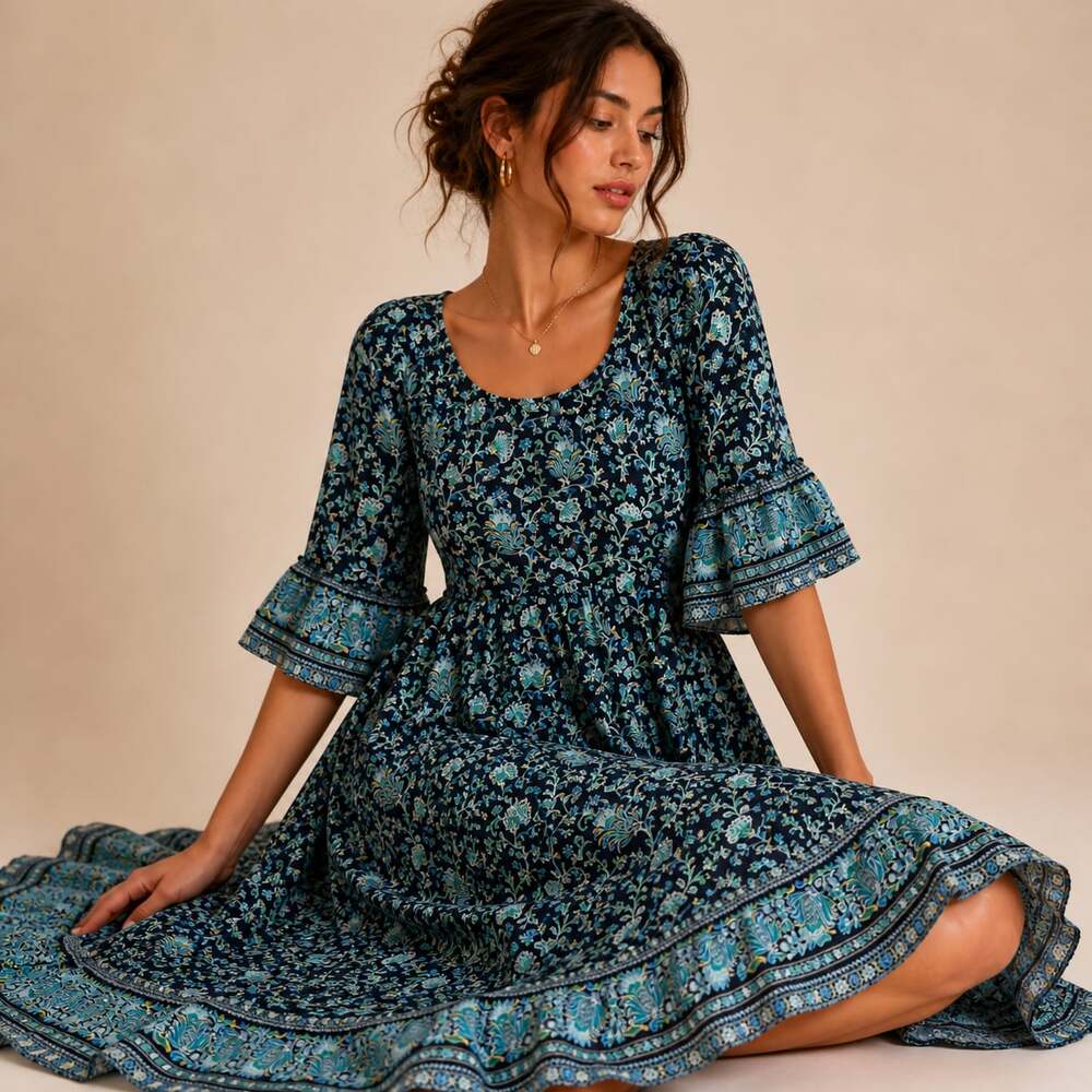Soft Surroundings Boho Floral Maxi Dress Bell Sleeve Cottagecore Romantic XL